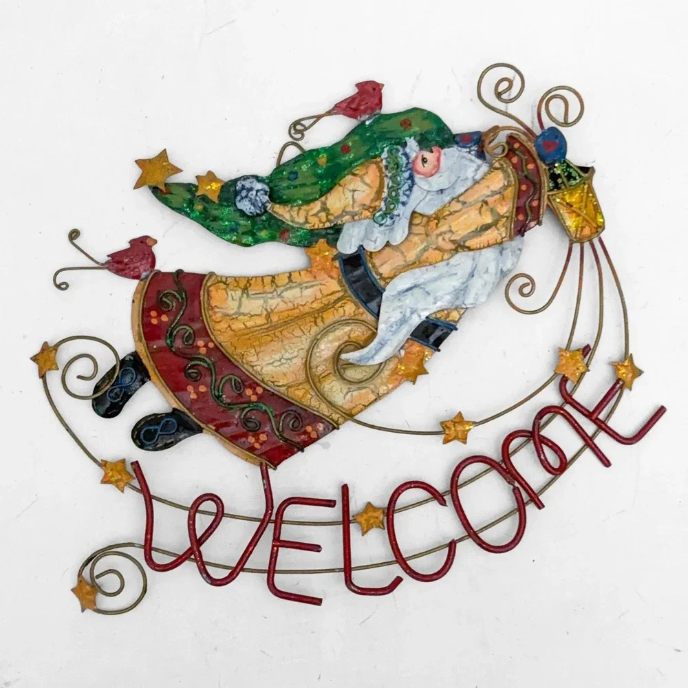 VTG 80s Metal Santa Welcome Sign Wall Hanging Christmas Folk Art Decor